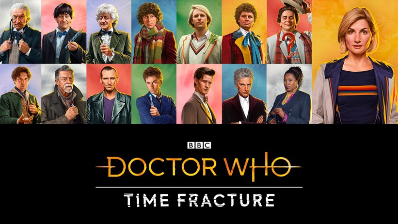 Image of all Doctor Who Doctors in sperate boxes with Doctor Who: Time Fracture logo at the bottom