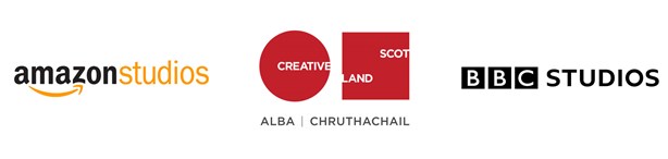 From left to right, the image features the Amazon Studios logo, the logo for Creative Scotland and the logo for BBC Studios.